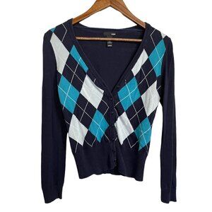 H&M Womens Blue Argyle Long Sleeve Ribbed Trim Academia Cardigan Sweater Small